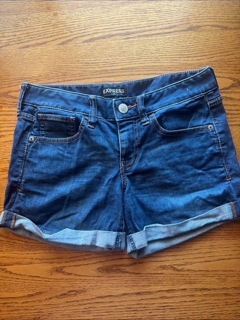 Express Dark Blue Denim Rolled Cuff Shorts